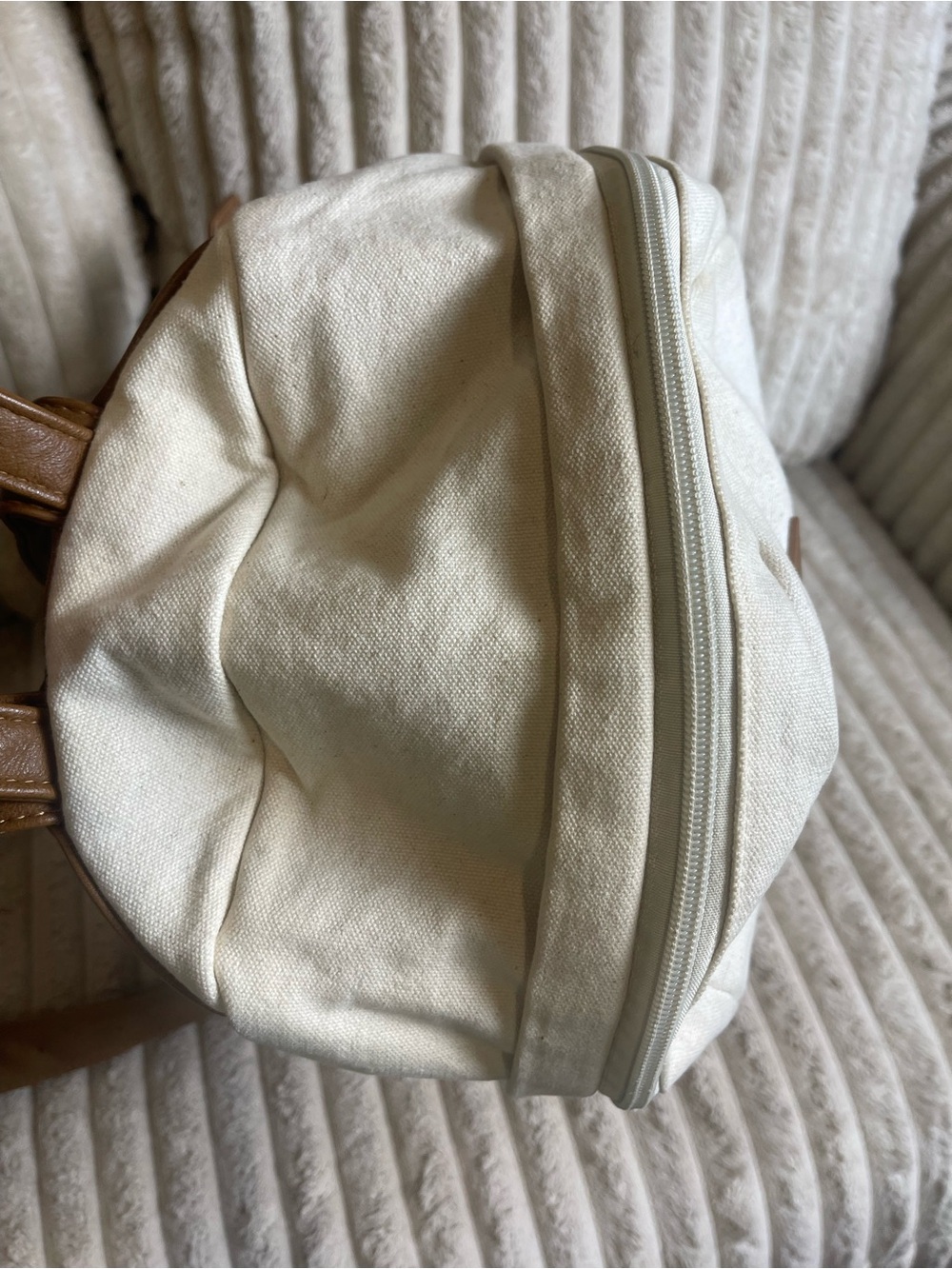 Canvas Backpack Cream White Brown Faux Leather Trim Travel School Bag - Picture 6 of 8